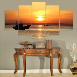 Wall Art Canvas Painting 5 Pieces Boat Sunset Seascape Pictures Modular HD Prints