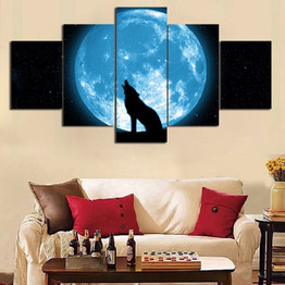 Modular Canvas HD Prints Wall Art 5 Panels Wolf Full Moon Painting Animal Pictures