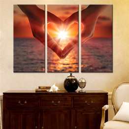 3 Pieces Heart Shape Gesture Sunset on Canvas Wall Art Paintings