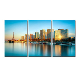 3 Panels Paris Harbor Seine River Landscape Buildings Canvas Wall Art Painting