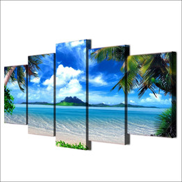 HD Print Canvas Wall Art Pictures Modern 5 Panel Beach Blue Palm Trees 5 Pieces Painting