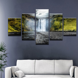 Wall Art Print 5 Panel Valley Waterfall Mountain Landscape Modern Artwork Canvas Paintings