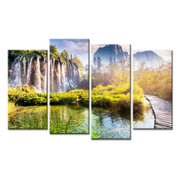 4 Pieces Landscape Mountains Waterfall Trees Wall Pictures Print Painting on Canvas Art
