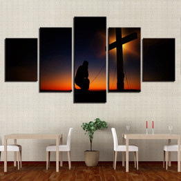 Wall Pictures Decoration Art HD Printed On Canvas 5 Panel Dusk Sunset Glow Christ Cross Painting