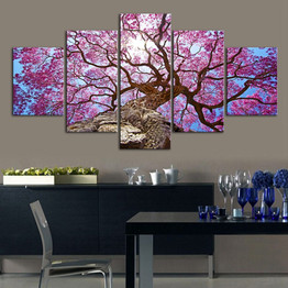 Wall Art Pictures 5 Pieces Beautiful Pink Cherry Tree Landscape HD Printed Painting On Canvas