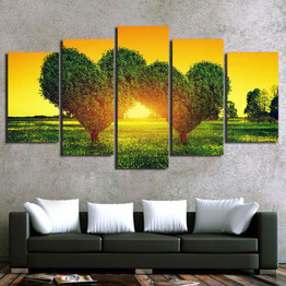 Canvas Painting  Modular Pictures 5 Pieces Green Loving Heart Tree In Sunset Landscape Poster HD Prints Wall Art