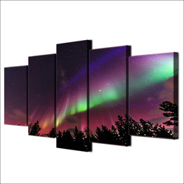 Modular Canvas Paintings Wall Art 5 Pieces Aurora Psychedelic Purple Starry Sky Poster HD Prints Forest Pictures