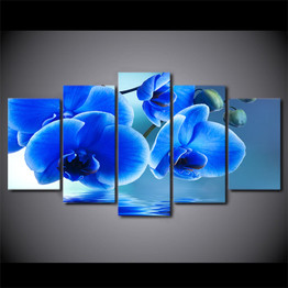Modern Canvas Wall Art Home Poster 5 Panel Blue Orchid Flowers HD Printed Pictures Painting