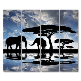 4 Piece Canvas African Elephant Sunset Landscape Painting Posters And Prints Wall Decorations