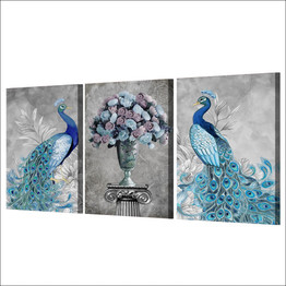 Modern Canvas Painting HD Printed Wall Art Picture 3 Pieces Animal Elegant Peacock Blue Rose Flower Poster