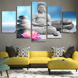 Canvas Wall Art Pictures 5 Pieces Stones Flower Buddha Statue Painting HD Printed Poster