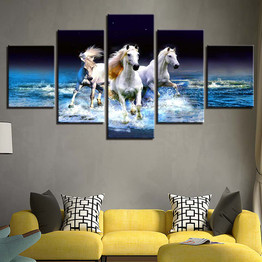 Canvas HD Printed Wall Art Modern 5 Panel White Horse Painting Pictures Modular Poster