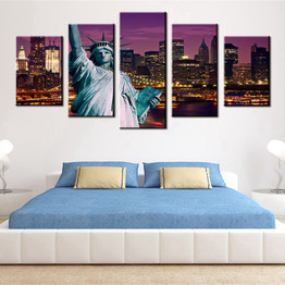 Modern Wall Art Modular Pictures 5 Pieces Statue Liberty New York City Nightscape HD Printed Painting On Canvas