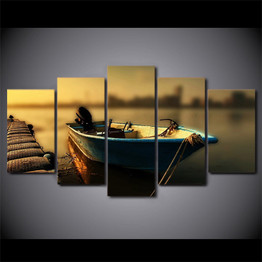 Modern Wall Art Modular Pictures 5 Pieces Floating Fishing Boat Sunset Landscape HD Printed Painting Canvas