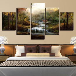 Art Prints Wall Painting Modular Canvas Pictures 5 Panel Woods Waterfall Landscape Posters