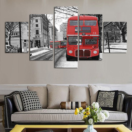 Wall Art Poster Modern  5 Pieces Nostalgia Snow City Red Bus Street View Canvas Painting Picture