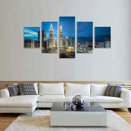HD Printed Wall Art Canvas Poster 5 Panel City Building Night View Modular Pictures Painting