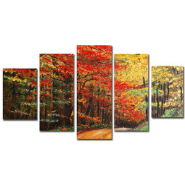 Wall Art Modular Pictures 5 Pieces Red Maple Tree Woods Autumn Scenery HD Printed Painting On Canvas