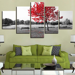 Printed Modern Wall Art Poster 5 Panel Red Tree Landscape Pictures Art HD Painting On Canvas Artworks