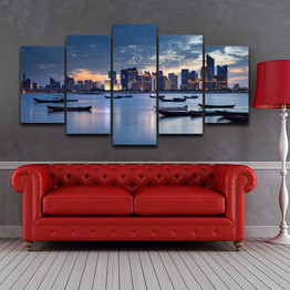 Modern HD Printed Wall Art Canvas Pictures 5 Pieces City Buildings Lake Boat Sunset Glow Landscape Posters