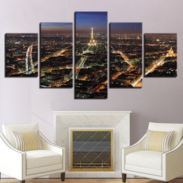 Modern Canvas Printed Pictures Painting 5 Panel Paris Building Night View Modular Wall Art Poster