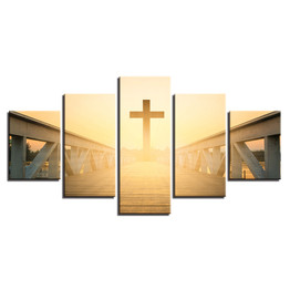 Modular Posters Picture Wall Art Modern 5 Panel Sunrise Cross Landscape HD Printed Canvas Painting