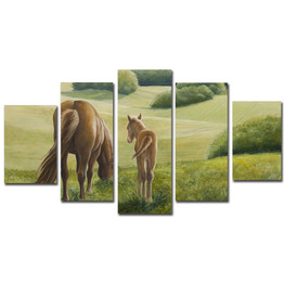 Art Painting Modular HD Printed Canvas Poster 5 Panel Animal Horse Grass Living Room Wall Pictures