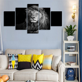 Wall Art Poster Modern 5 Pieces Black White Effect Animal Lion Canvas Painting Modular Pictures
