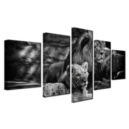 Modular Canvas Wall Art Printed Poster 5 Pieces Black White Animal Pictures King Of The Forest Lions Painting