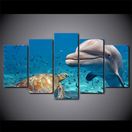 Modular Wall Art Pictures Canvas HD Printed 5 Pieces Blue Deep Ocean Dolphin Fish Paintings Sea Turtle Posters
