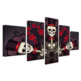 Canvas Poster HD Prints Painting 5 Pieces Skull Gentleman And Roses Pictures Halloween Wall Art