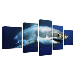 Canvas Prints Pictures Wall Art 5 Pieces Blue Ocean White Shark Animal Paintings Living Room Animal Posters