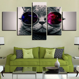 Canvas Wall Art Pictures 5 Pieces Lovely Animal Cat With Sunglasses Paintings HD Prints Posters