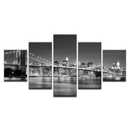 Canvas HD Prints Pictures 5 Pieces Black White Brooklyn Bridge City Night View Paintings Home Wall