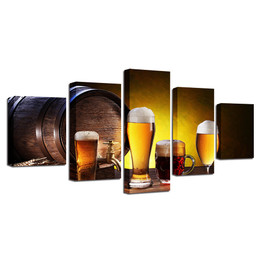 Canvas HD Prints Pictures 5 Pieces Beer And Wine Glass Oak Barrels Paintings Wall Art Kitchen Poster Decor