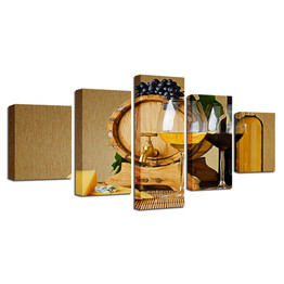 Canvas HD Prints Posters Wall Art 5 Pieces Grape Red Wine Glasses Oak Barrel Paintings Wine Cup Pictures