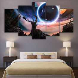 HD printed 5 Piece Canvas Art Reindeer Star Space Moon Planet Deer Painting Wall Art  5 Piece Paintings