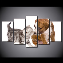 HD Printed 5 Piece Canvas Art Cute Dog Kiss Cat Painting Wall Pictures