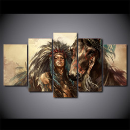 HD printed 5 piece Canvas Art American Indian Girl Painting Horse Wall Pictures