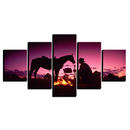 Canvas Painting Wall Art 5 Pieces Sunset Dusk Knight Whit Horse Pictures HD Prints Flame Poster