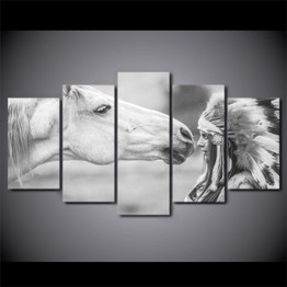 Canvas Abstract Painting Wall Art HD Printed Oil Poster 5 Panel White Horse And Indians Modular Pictures