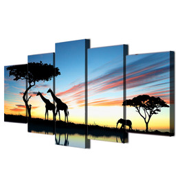 Modern Wall Art Canvas Printed Painting Pictures 5 Pieces African Animal Giraffe Elephant Sunset Landscape Poster