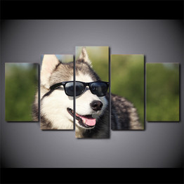 Modern HD Printed Canvas Poster Artworks 5 Pieces Cool Husky Pet Paintings Wall Art Dog Wear Glasses Pictures
