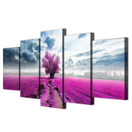 Modern Canvas Paintings HD Prints Posters 5 Pieces Wall Art Purple Flowers Tree Clouds Landscape Pictures