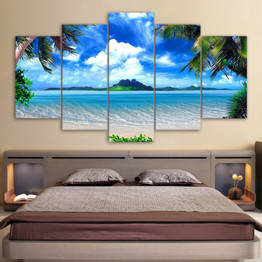 Canvas Pictures  Wall Art 5 Pieces Beach Blue Palm Trees Paintings HD Prints Seascape Poster