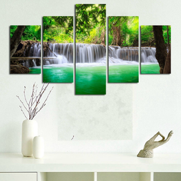 Canvas Pictures Wall Art Posters 5 Pieces Green Waterfall Tree Scenery Paintings HD Prints