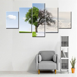 Painting Abstract Canvas Wall Art Printed Poster 5 Pieces Green Spring And Winter Dead Trees Landscape Pictures