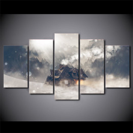 Wall Art Canvas HD Printed Landscape Painting 5 Panels House Snow Forest Sunshine Poster Modern Pictures