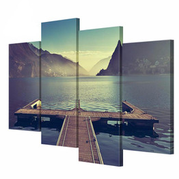 4 Panel Art Wall Lake Mountain Pontoon Landscape Canvas Picture HD Print on Canvas