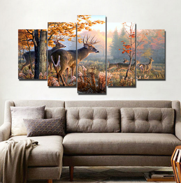 5 Panel Forest Wonderland Animal Deers Wall Art Picture Canvas Print Wall Picture